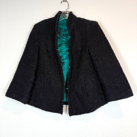 Vintage Chinese Jacket Teal Black Brocade Satin Reversible Mandarin Boho Small - Picture 2 of 10